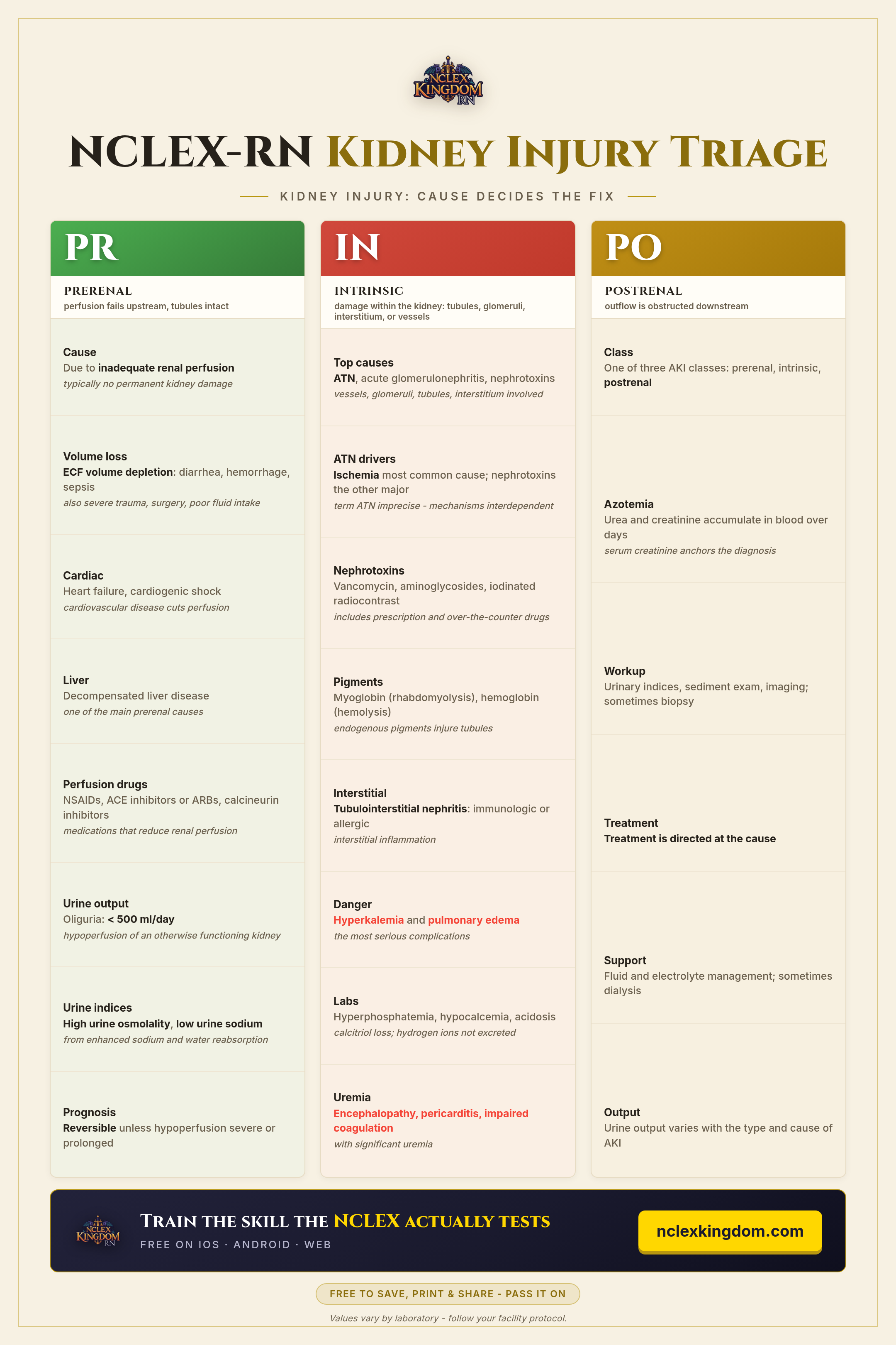 Kidney Injury Triage cheat sheet