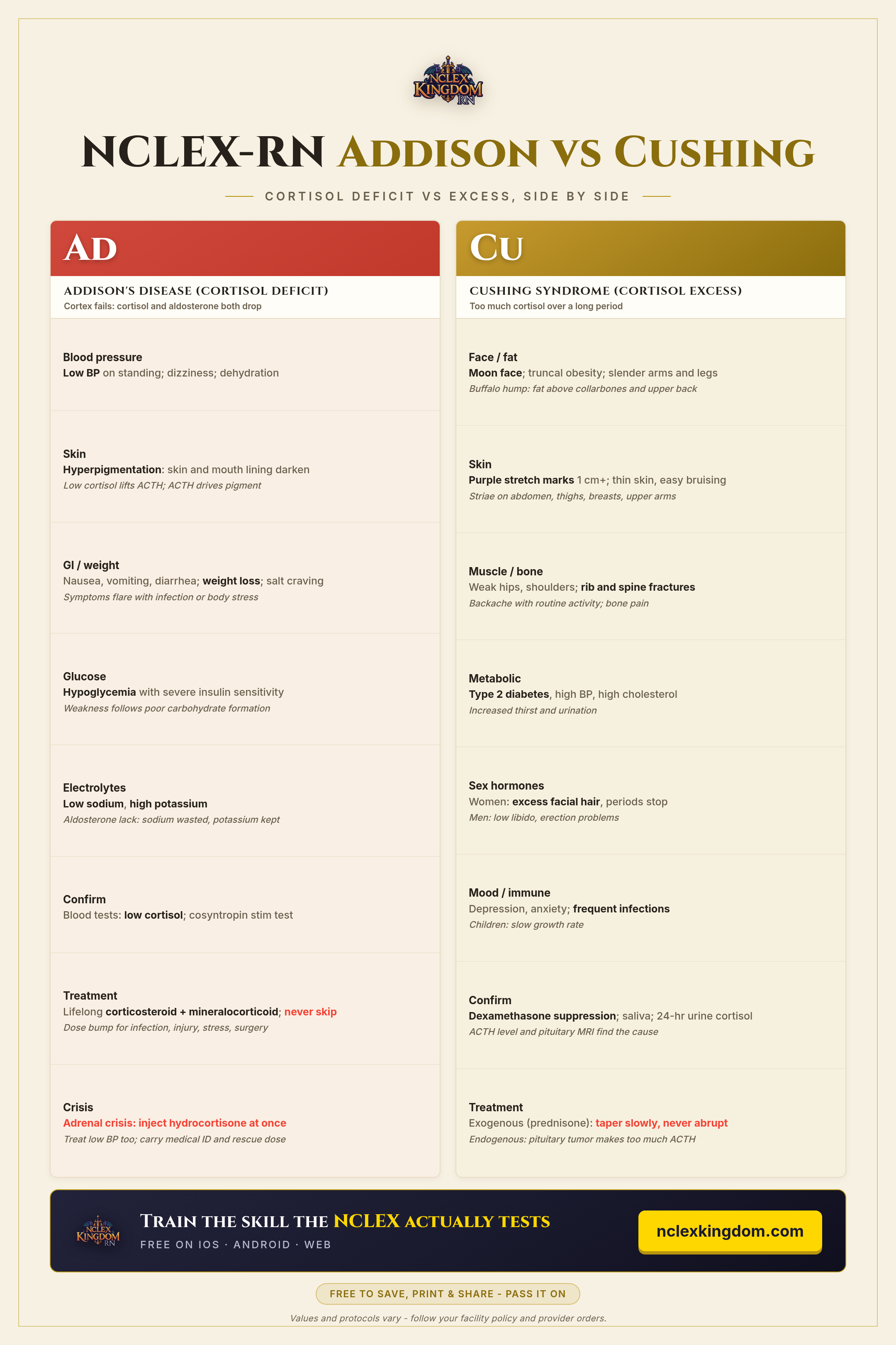 NCLEX-RN Addison vs Cushing Cheat Sheet (Free Printable)